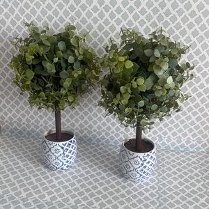 Artificial Eucalyptus Topiary in Blue and White Pot